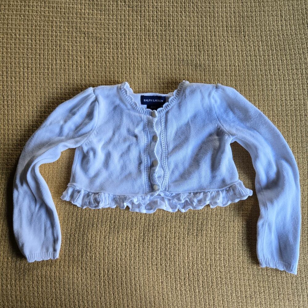 Ralph Lauren Girl's White Cotton Cardigan Sweater, Ruffled Edge 4 4T
